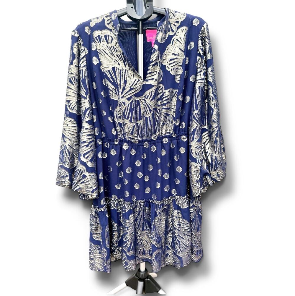 Lilly Pulitzer Joella Silk Dress Size 16 Navy Blue Metallic Seagrass Floral 38β